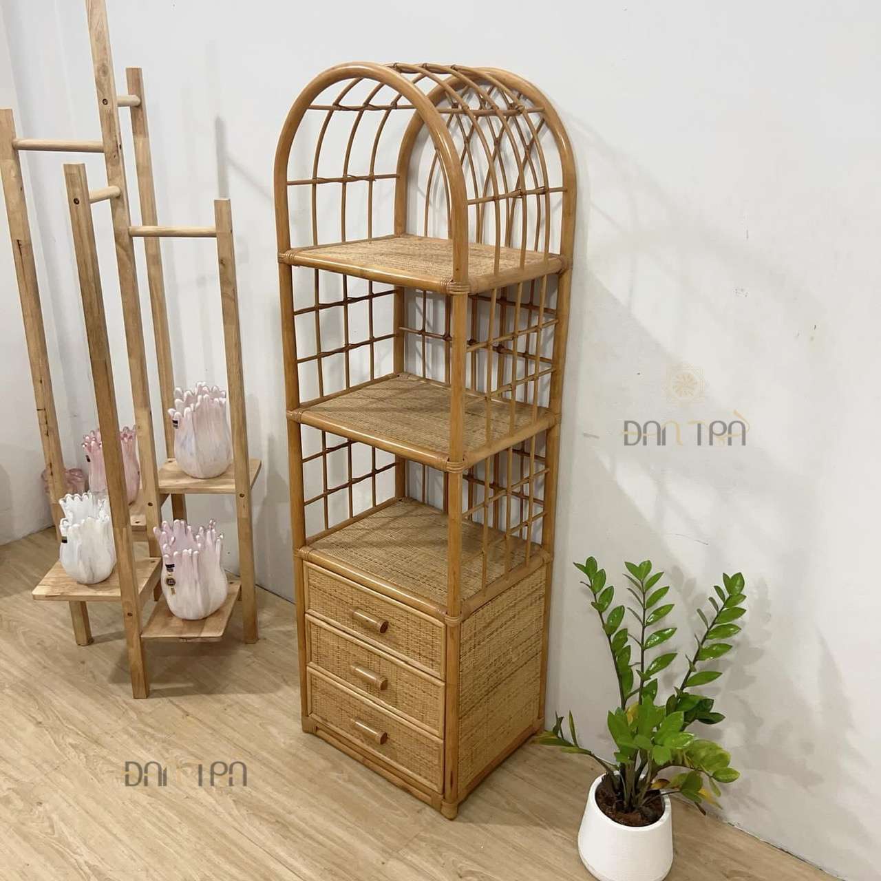 Tủ mây vintage kèm 3 học tủ mây đan kín đựng đồ